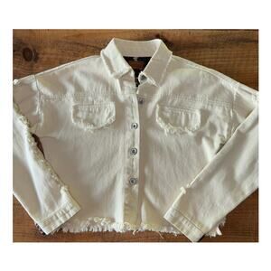 Womens‎ POL Cream Light Beige Fringe Raw Hem Cropped Denim Jacket Size M